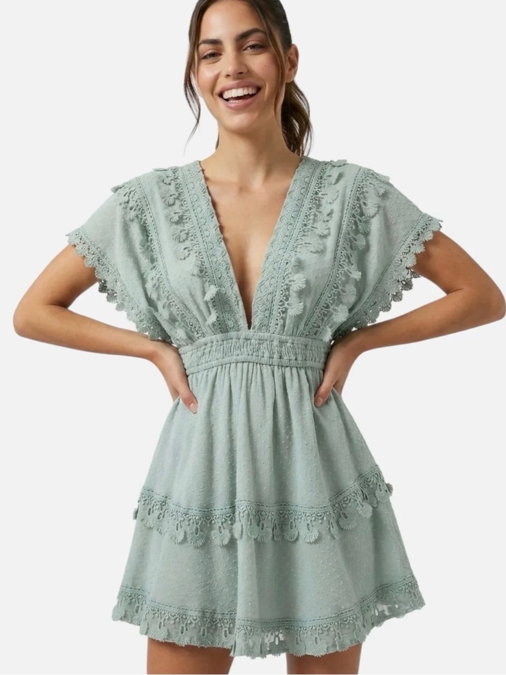 Sage Green Mini Dress with Lace Trim